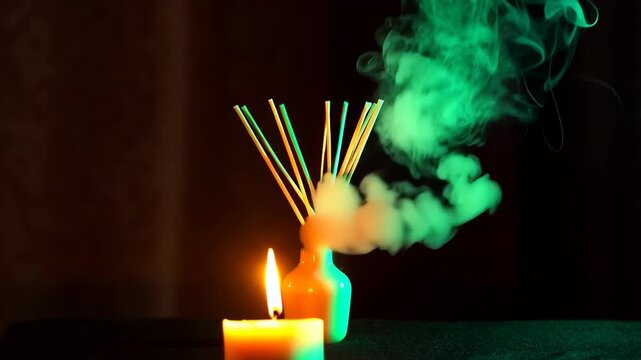 A serene setting featuring a candle emitting a warm glow next to a vase of incense sticks releasing aromatic smoke. the composition highlights the calming ambiance and soothing atmosphere typical of a