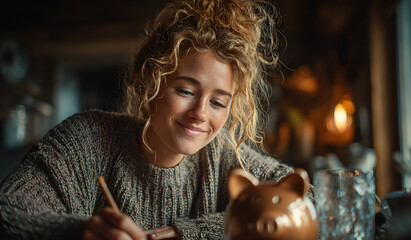 Woman calculate taxes, including dropping coins into Piggy bank, saving money, planning, investing, budgeting, saving cash and financial growth for the future.