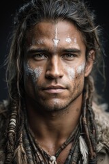 A man with white paint on his face and long hair