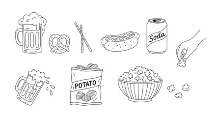 Hand-drawn snack and beverage icons with copy space for food menu design concept