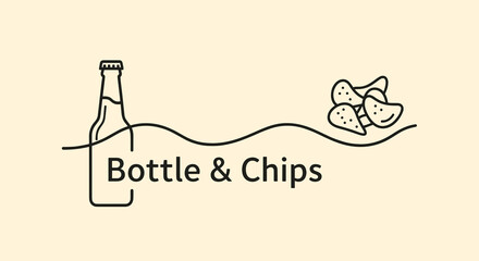 Minimalistic line art illustration of bottle and chips with copy space for snack branding concept