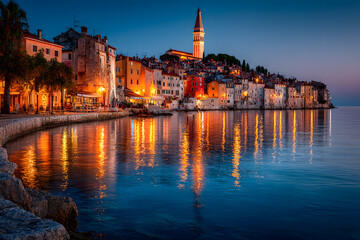 Rovinj, Croatia. Famous city of Istria Peninsula, Dalmatia coastline, blue hour colored sky. Rovinj, Croatia. Famous city of Istria Peninsula, Dalmatia coastline.