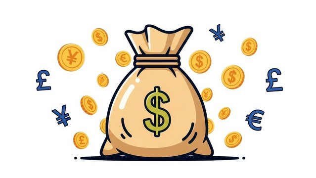 Money Bag with International Currency Symbols and Coins.