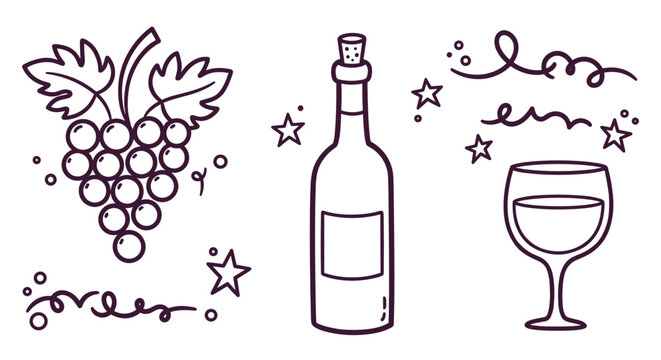 Whimsical wine-themed line art illustrations featuring grapes, bottle, and glass with copy space