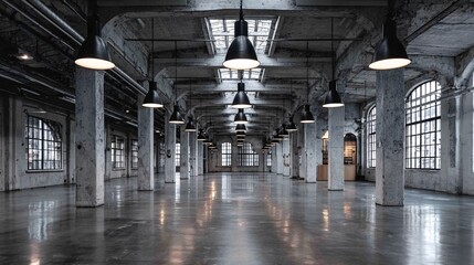 Naklejka premium Empty industrial interior with columns windows and hanging lights in gray tones.