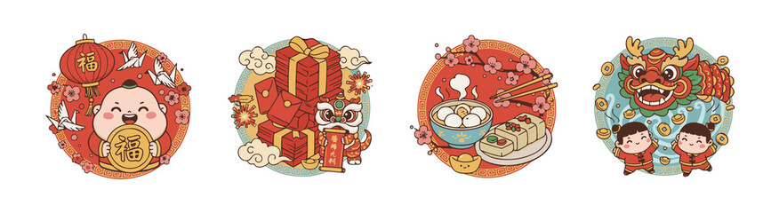 Vibrant Chinese New Year Circle Illustrations Set, Lunar New Year Graphics.