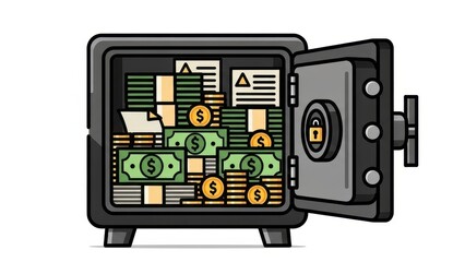 Open Safe Filled With Money and Documents.