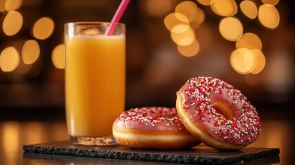 A refreshing glass of orange juice with a pink straw paired with two delicious donuts adorned with red sprinkles on a dark surface