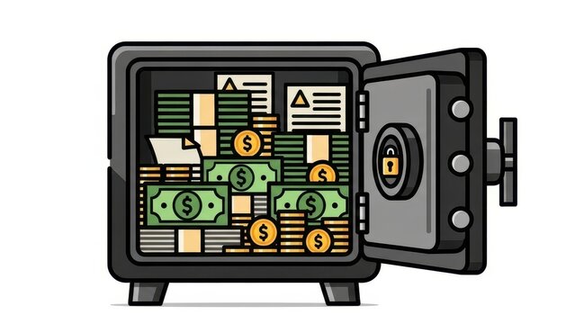 Open Safe Filled With Money and Documents.