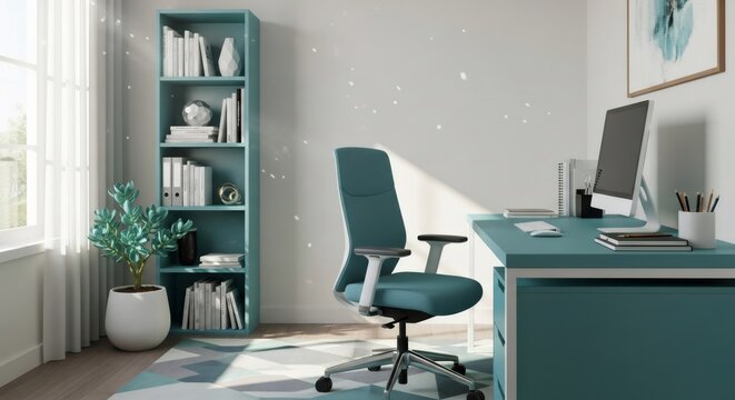 Home office interior with desk, chair, computer monitor and bookshelf in blue green decor. Modern remote work, freelancer, study space.