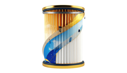 A cylindrical object showcases internal layers wood-like textures, a sky-blue design with curved lines, and white vertical filters