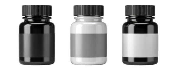 Three identical small bottles with black caps and blank labels, each a different color (black, white, and a black/white one). Isolated on black