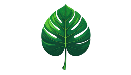 A vibrant, detailed illustration of a single green tropical leaf, showcasing veins and a glossy surface on a solid black background