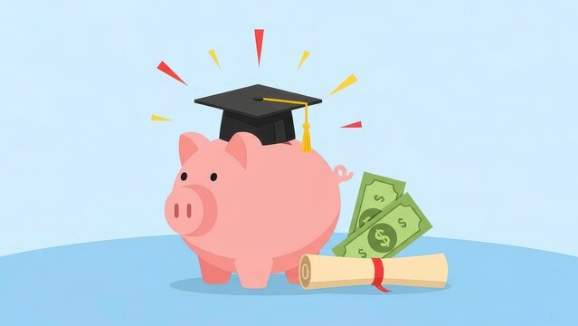 Piggy Bank with Graduation Cap and Money Symbolizing Education Savings.