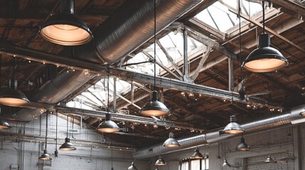 Interior view of a building with exposed beams pipes and hanging lamps.