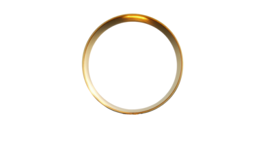 A luminous, golden ring floats against a stark black background, showcasing a smooth, reflective surface. The inner circle is hollow
