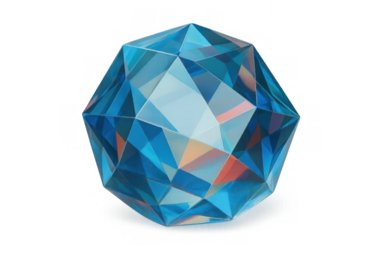 Blue faceted icosahedron crystal creating clear geometric abstract shape. Gemstone object with reflections, transparent background