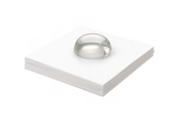 Water drop on stacked white paper sheets illustrating water repellent coating or liquid protection concept, transparent background