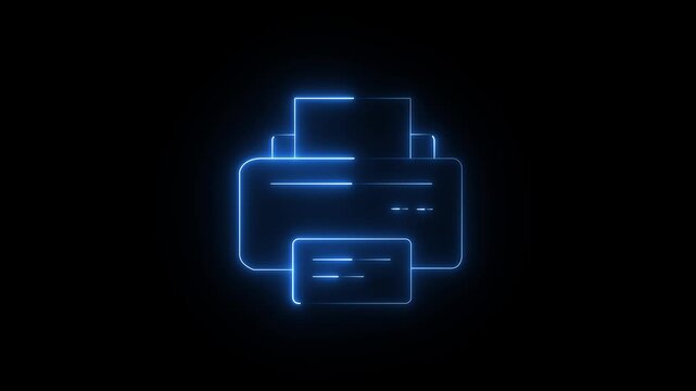 Animated printer machine in line icon style, suitable for office printing, documents, Glowing neon printer icon on black background. Digital technology concept abstract graphic element. 4k video