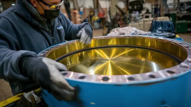 Technician inspects metal anodizing quality on aerospace aluminum components ensuring precise oxidation layers for durability in aviation manufacturing.