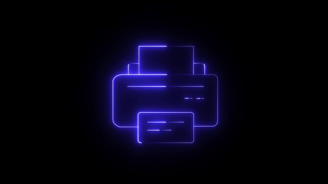 Animated printer machine in line icon style, suitable for office printing, documents, Glowing neon printer icon on black background. Digital technology concept abstract graphic element. 4k video