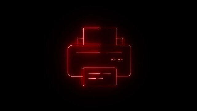 Animated printer machine in line icon style, suitable for office printing, documents, Glowing neon printer icon on black background. Digital technology concept abstract graphic element. 4k video