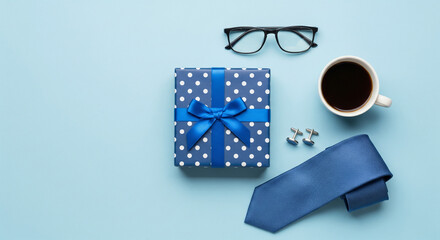 Fathers day composition gift box tie glasses coffee cup on blue