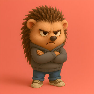 Angry cartoon hedgehog character in gray hoodie standing with crossed arms on coral background expressing teenage moodiness frustration and attitude
