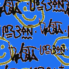 Vector Seamless pixel graffiti pattern with abstract tags, dithered texture. Urban, grunge, playful pixel art style perfect for backgrounds, textiles