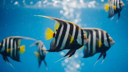 Striking angelfish school swimming in clear blue water with bubbles and natural light