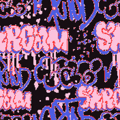 Vector Seamless pixel graffiti pattern with abstract tags, dithered texture. Urban, grunge, playful pixel art style perfect for backgrounds, textiles