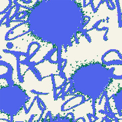 Vector Seamless pixel graffiti pattern with abstract tags, dithered texture. Urban, grunge, playful pixel art style perfect for backgrounds, textiles