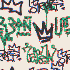 Vector Seamless pixel graffiti pattern with abstract tags, dithered texture. Urban, grunge, playful pixel art style perfect for backgrounds, textiles