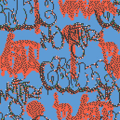 Vector Seamless pixel graffiti pattern with abstract tags, dithered texture. Urban, grunge, playful pixel art style perfect for backgrounds, textiles