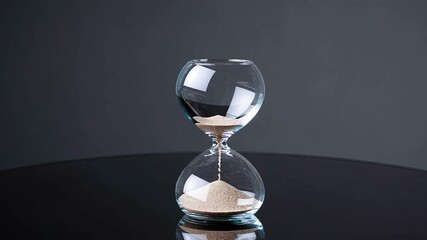 Elegant glass hourglass with fine sand flowing steadily in a close up view symbolizing the quiet passage of time on a reflective dark surface background - Powered by Adobe