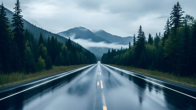 Scenic rainy road through mountain forest landscape with low clouds and fog