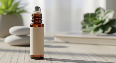 Amber essential oil roller bottle with blank label on a light wooden table, for ADHD and anxiety management concept and natural holistic wellness