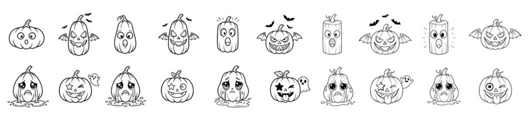 Halloween Pumpkin Face Outline Icons, Cartoon Character Style.