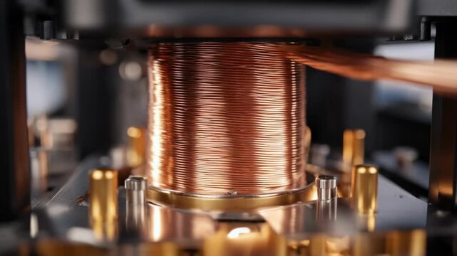 Medium shot of an automated wire drawing machine continuously pulling and refining copper wire in a hightech industrial setting.