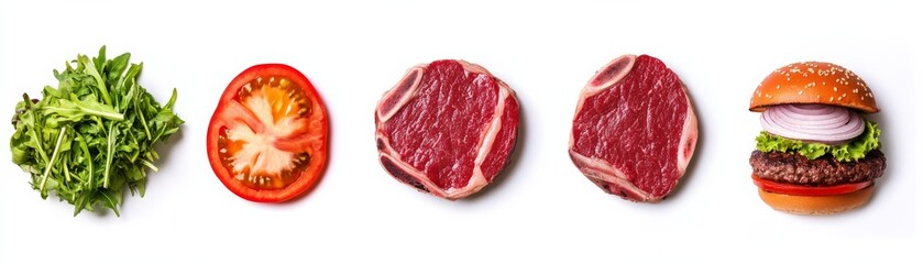 Obraz premium From Farm to Burger Fresh Ingredients and Raw Meat on White ,Food ,Grill