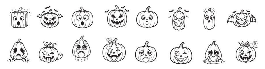 Monochrome Halloween Pumpkin Head Carving Vector Graphics Bundle.