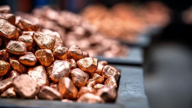 Medium shot showcasing industrialscale copper nuggets packed tightly in large metal bins focusing on efficient handling and metallic gleam.