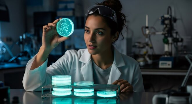 Woman scientist examining glowing petri dish with bacterial culture. Medical lab research and scientific discovery for microbiology or biotechnology.