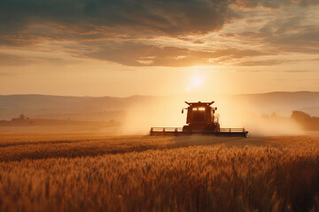 Fototapeta premium Combine Harvester in Wheat Field at Sunset