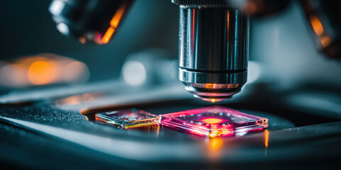 Compound microscope examining illuminated specimen on glass slide
