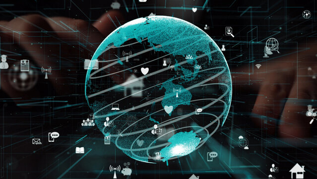 A digital globe showcasing network connections and social media icons, capturing the essence of global communication and technology in the modern world. Xenic