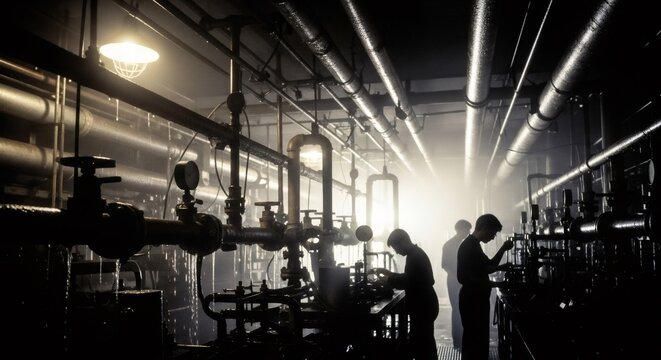 Men working in a dark and smoky industrial factory setting with many pipes and gauges. Mysterious and eerie atmosphere with dramatic lighting. - Powered by Adobe