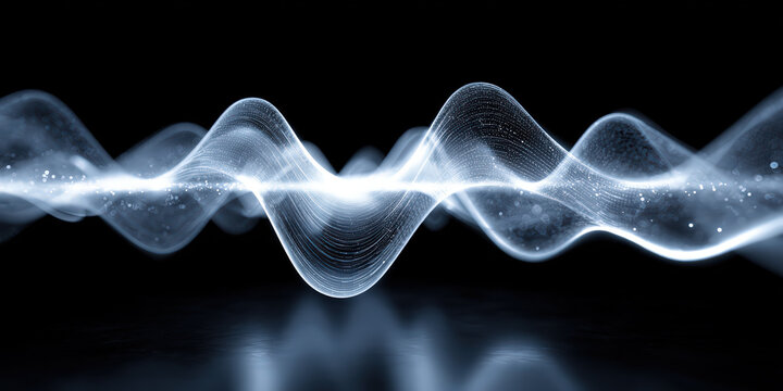 Glowing Waveform with Scattered Particles on Dark Background