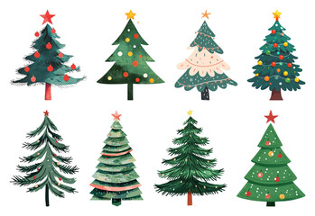 Obraz premium PNG Colorful festive Christmas tree illustrations, element set on transparent background