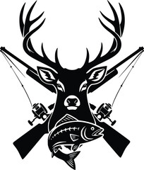 Obraz premium Outdoor adventure badge with stag head, fish, crossed guns, and fishing rods. Suitable for hunting clubs, fishing brands, nature logos, and wilderness artwork